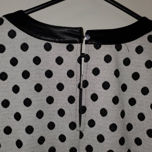 New York & Co. Black Polka Dot Print-Faux Leather Sleeves Shift Dress-Sz Large - Picture 6 of 8